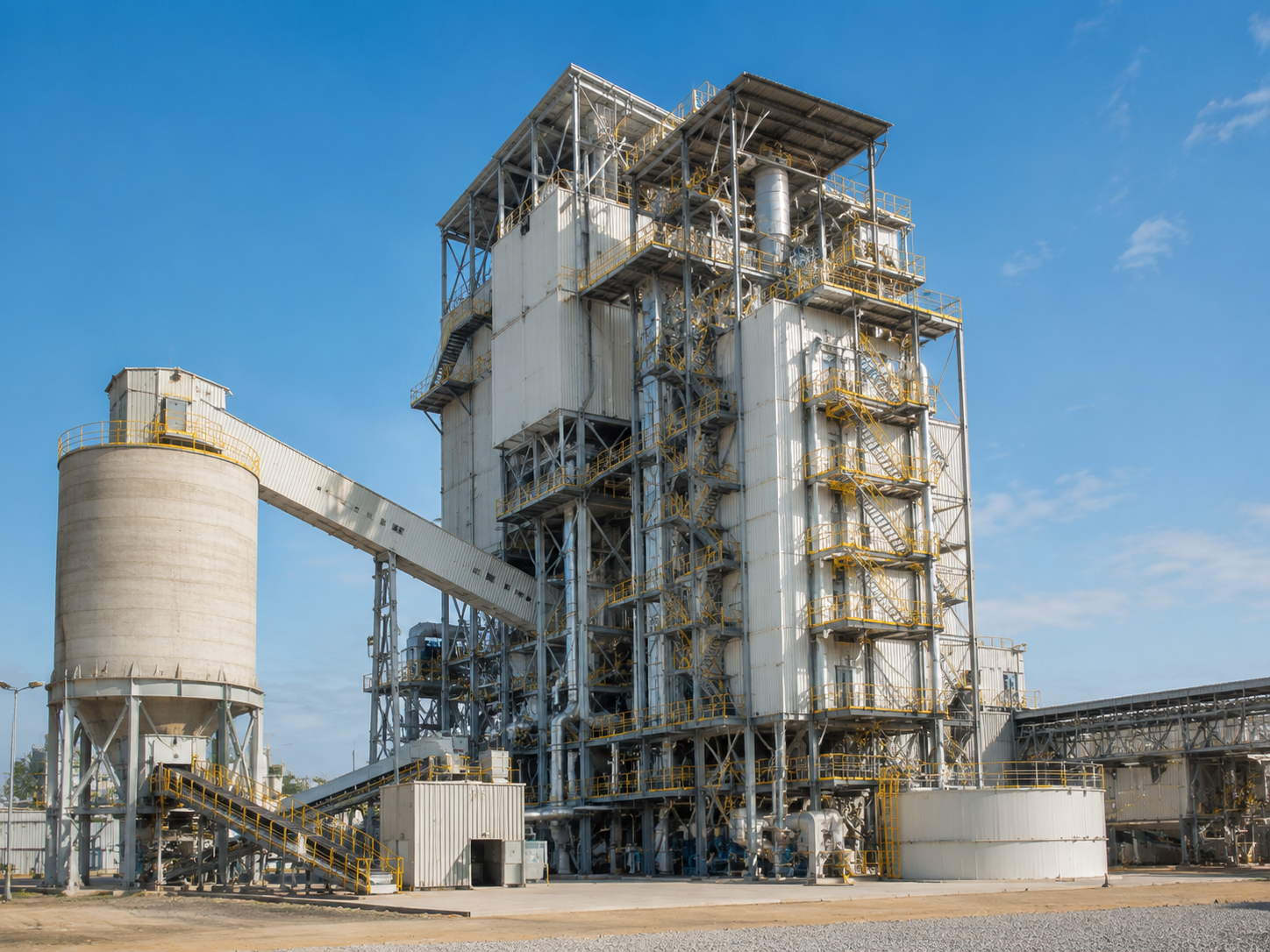 Caldeira aquatubular industrial de grande porte, vista externa da estrutura em planta bem conservada
